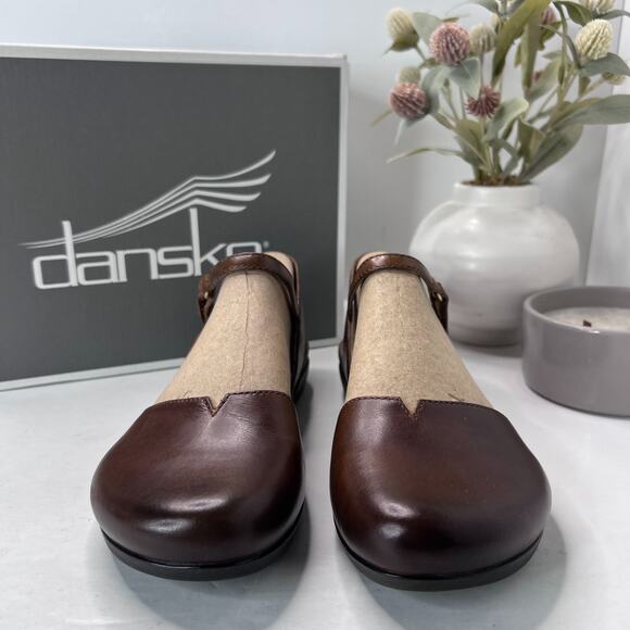 Dansko Rowan Waxy Burnished Leather Wedge Sandals Tan Brown Women EU 39/8.5 - Picture 2 of 10